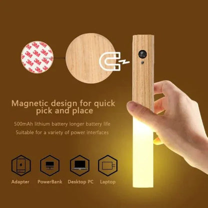 Smart Motion LED Wood Night Light – USB Rechargeable Lamp - Nuvenza